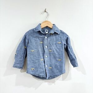 Janie and Jack Linen Blend Button Down Shirt 12-18M Boys Chambray Car Print